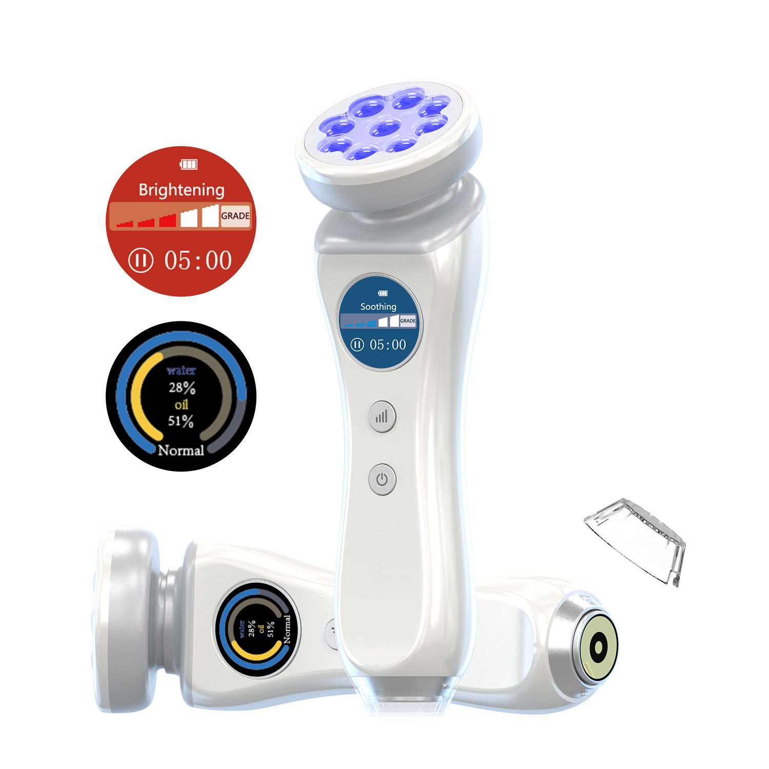 SkinDr600 with blue LED head and on-screen mode and skin analysis readouts